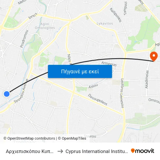 Αρχιεπισκόπου Κυπριανού - Ψαρών to Cyprus International Institute Of Management map