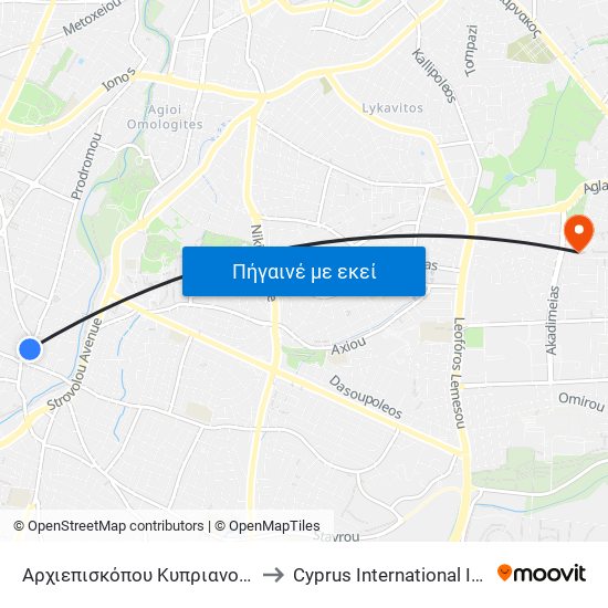 Αρχιεπισκόπου Κυπριανού - Παναγίας Χρυσελεούσης to Cyprus International Institute Of Management map