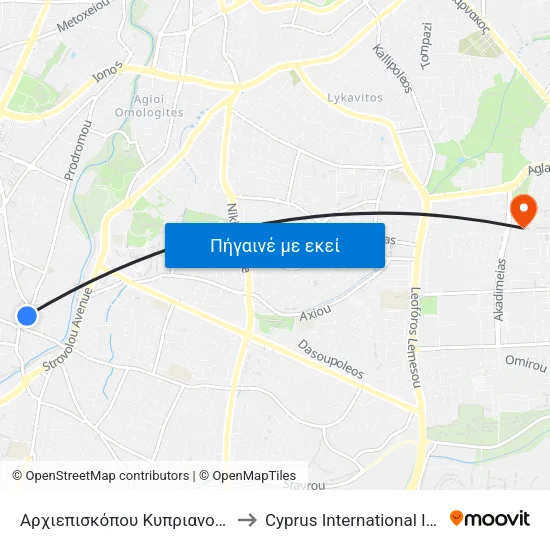 Αρχιεπισκόπου Κυπριανού - Παναγίας Χρυσελεούσης to Cyprus International Institute Of Management map
