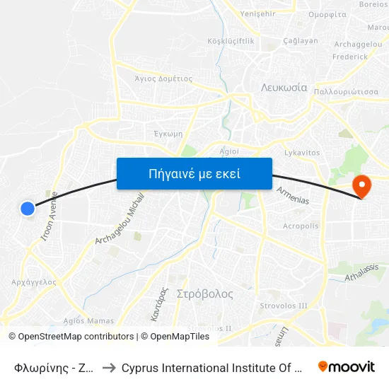 Φλωρίνης - Ζήδρου to Cyprus International Institute Of Management map
