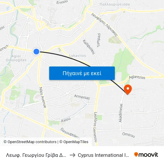 Λεωφ. Γεωργίου Γρίβα Διγενή - Θεμιστοκλή Δέρβη to Cyprus International Institute Of Management map