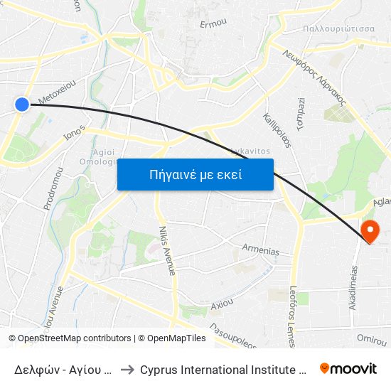 Δελφών - Αγίου Δομετίου to Cyprus International Institute Of Management map