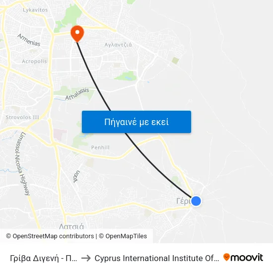 Γρίβα Διγενή - Πυρογιού to Cyprus International Institute Of Management map