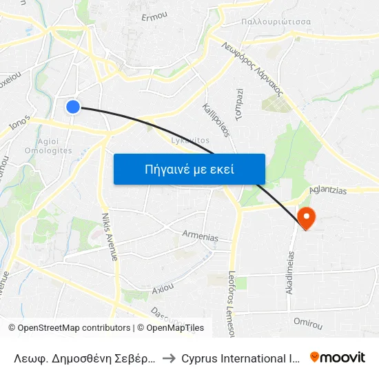 Λεωφ. Δημοσθένη Σεβέρη - Υπουργείο Εσωτερικών to Cyprus International Institute Of Management map