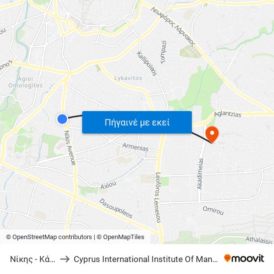Νίκης - Κάσου to Cyprus International Institute Of Management map