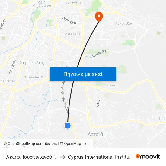 Λεωφ. Ιουστινιανού - Αγίας Σοφίας to Cyprus International Institute Of Management map