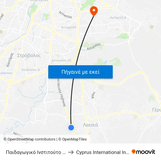 Παιδαγωγικό Ινστιτούτο / Πανεπιστήμιο Κύρπου 2 to Cyprus International Institute Of Management map