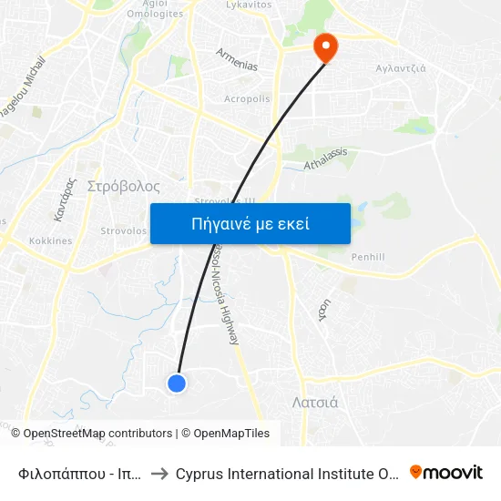 Φιλοπάππου - Ιππολύτου to Cyprus International Institute Of Management map