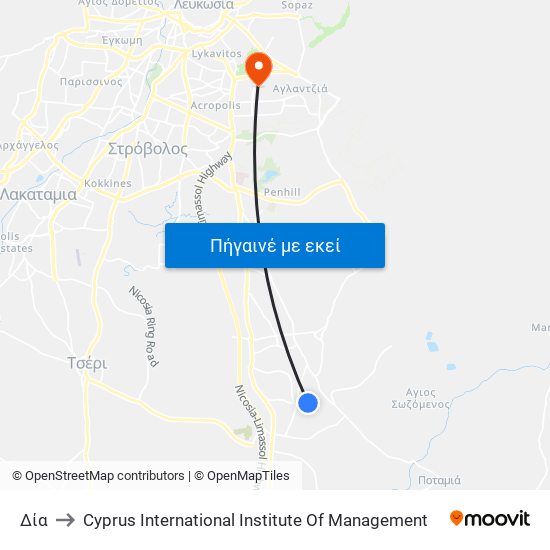 Δία to Cyprus International Institute Of Management map