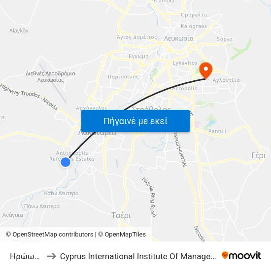 Ηρώων 1 to Cyprus International Institute Of Management map