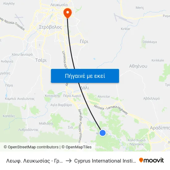 Λεωφ. Λευκωσίας - Γρηγόρη Αυξεντίου 2 to Cyprus International Institute Of Management map