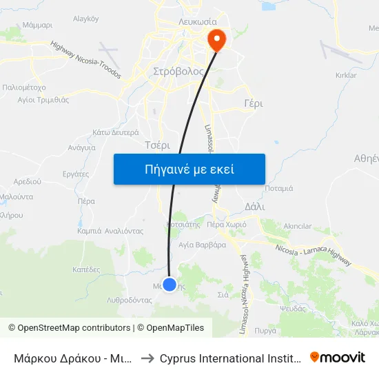 Μάρκου Δράκου - Μιχαλάκη Καραολή to Cyprus International Institute Of Management map