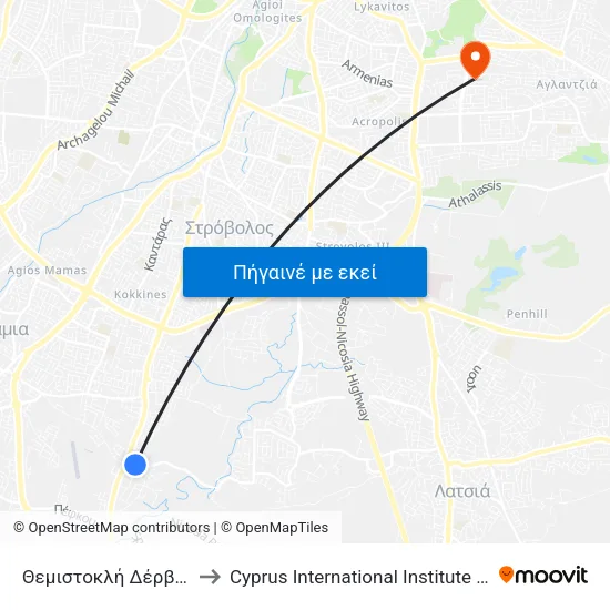 Θεμιστοκλή Δέρβη - Τσερίου to Cyprus International Institute Of Management map