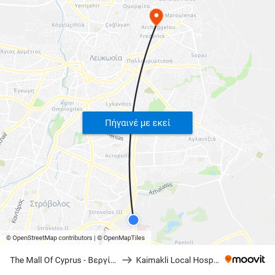 The Mall Of Cyprus - Βεργίνας to Kaimakli Local Hospital map