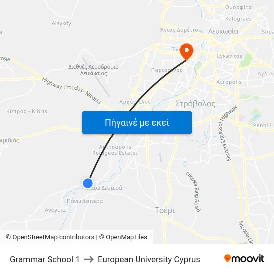 Grammar School 1 to European University Cyprus map