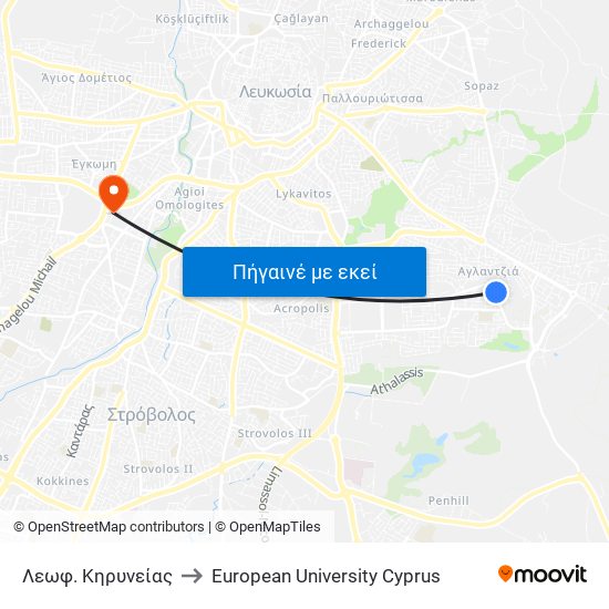 Λεωφ. Κηρυνείας to European University Cyprus map