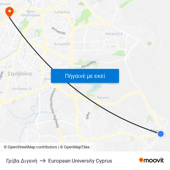 Γρίβα Διγενή to European University Cyprus map