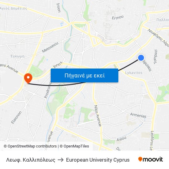 Λεωφ. Καλλιπόλεως to European University Cyprus map