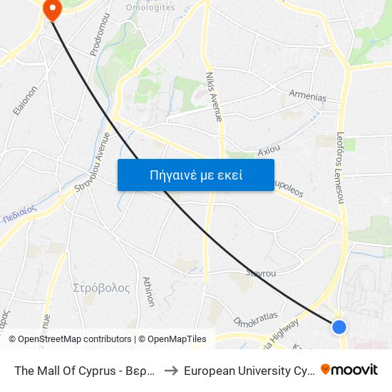 The Mall Of Cyprus - Βεργίνας to European University Cyprus map