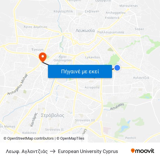 Λεωφ. Αγλαντζιάς to European University Cyprus map