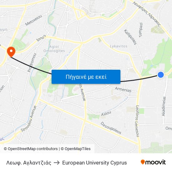 Λεωφ. Αγλαντζιάς to European University Cyprus map