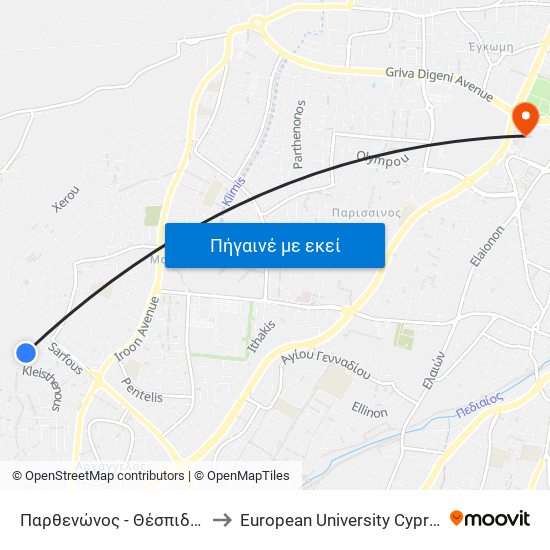 Παρθενώνος to European University Cyprus map