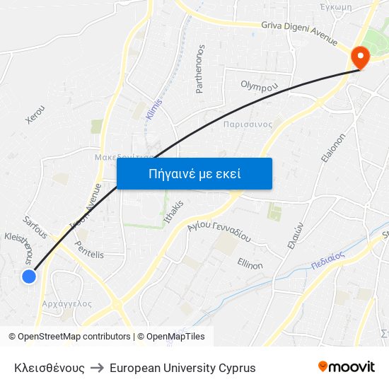 Κλεισθένους to European University Cyprus map