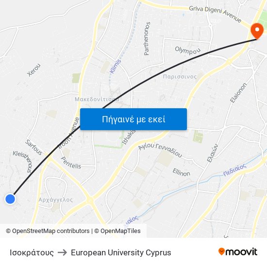 Ισοκράτους to European University Cyprus map