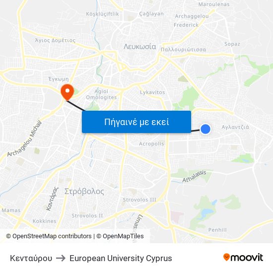 Κενταύρου to European University Cyprus map