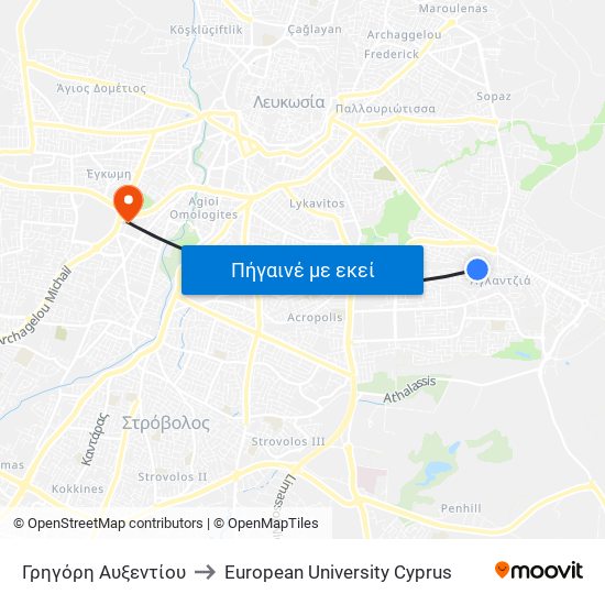 Γρηγόρη Αυξεντίου to European University Cyprus map