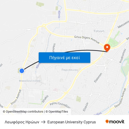 Λεωφόρος Ηρώων to European University Cyprus map