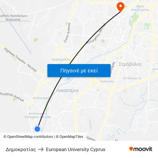 Δημοκρατίας to European University Cyprus map