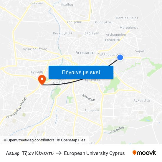 Λεωφ. Τζων Κένεντυ to European University Cyprus map