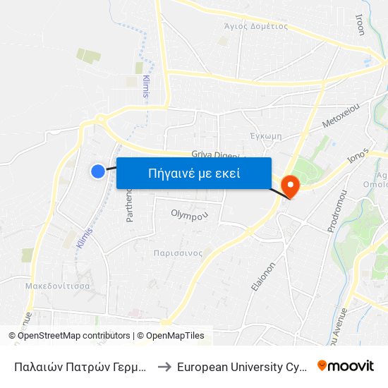 Παλαιών Πατρών Γερμανού to European University Cyprus map