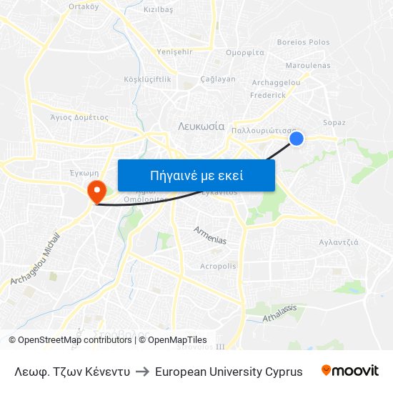 Λεωφ. Τζων Κένεντυ to European University Cyprus map