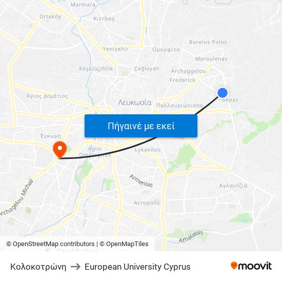 Κολοκοτρώνη to European University Cyprus map