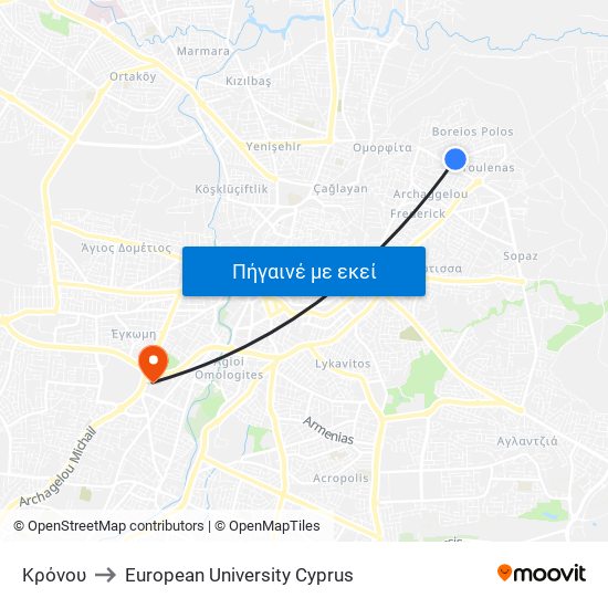 Κρόνου to European University Cyprus map