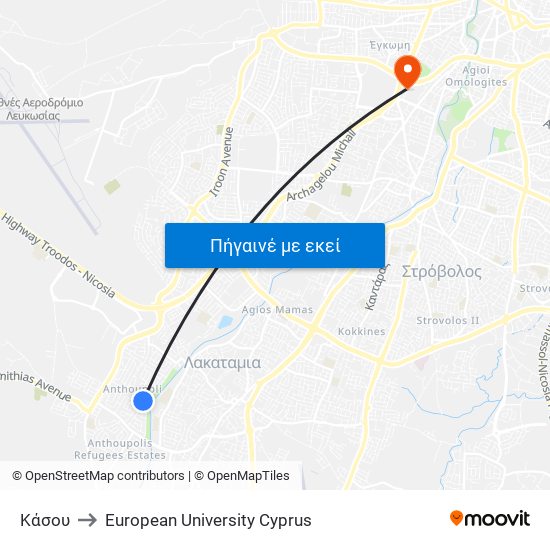 Κάσου to European University Cyprus map