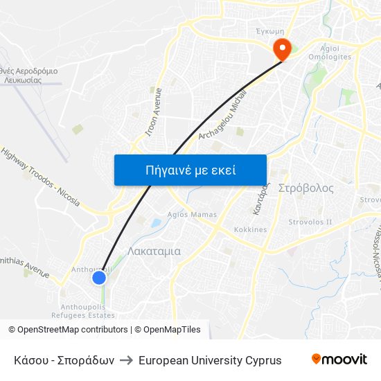 Κάσου to European University Cyprus map