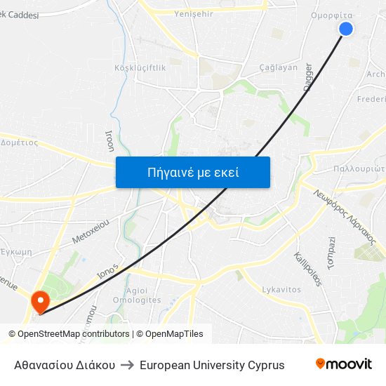 Αθανασίου Διάκου to European University Cyprus map