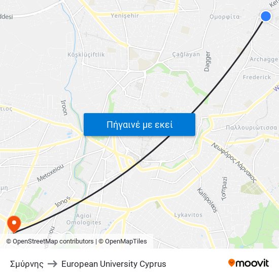 Σμύρνης to European University Cyprus map