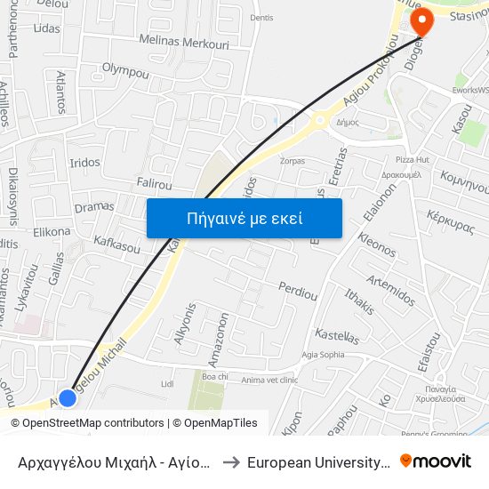 Αρχαγγέλου Μιχαήλ - Αγίου Αλεξίου to European University Cyprus map