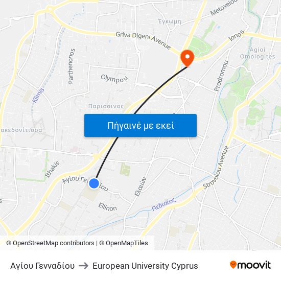 Αγίου Γενναδίου to European University Cyprus map