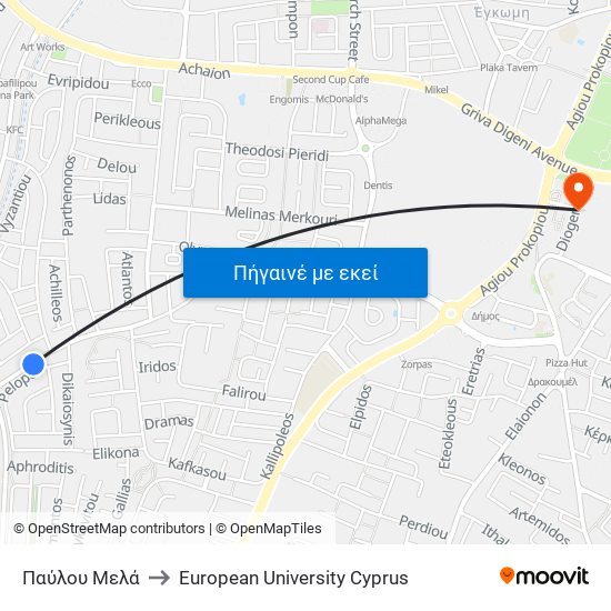 Παύλου Μελά to European University Cyprus map