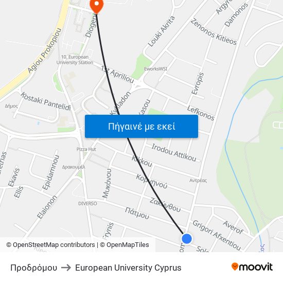 Προδρόμου to European University Cyprus map