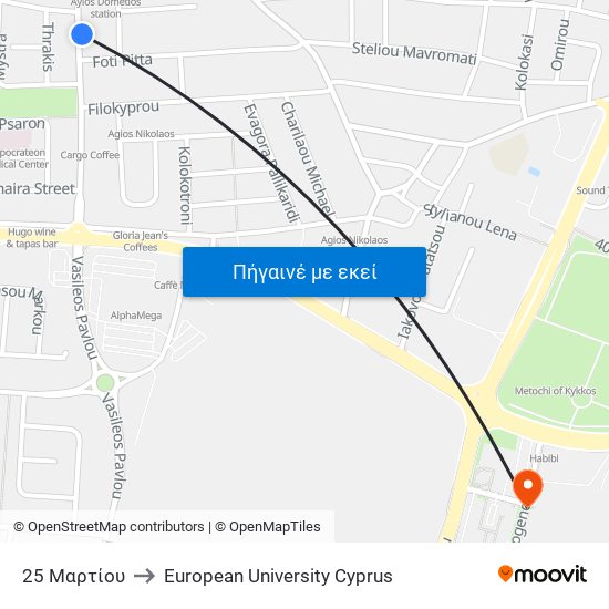 25 Μαρτίου to European University Cyprus map