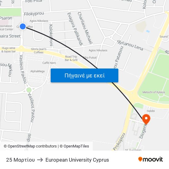 25 Μαρτίου to European University Cyprus map