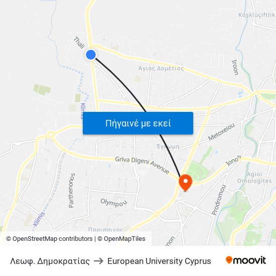 Λεωφ. Δημοκρατίας to European University Cyprus map