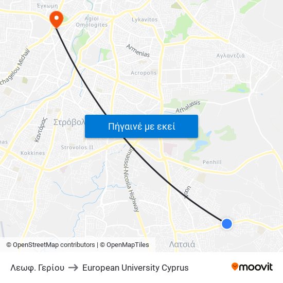 Λεωφ. Γερίου to European University Cyprus map