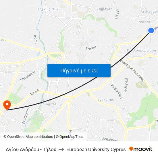 Αγίου Ανδρέου to European University Cyprus map